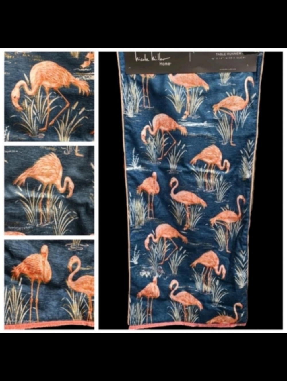 72" Nicole Miller Tropical Pink Flamingo Table Runner Gold Shimmer Accents NEW